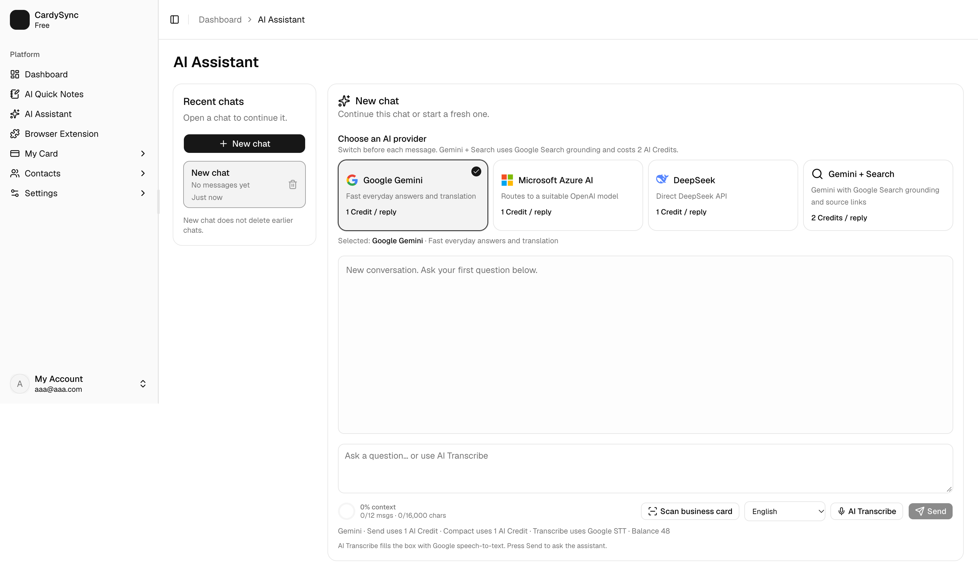 CardySync web AI Assistant with Recent chats, provider choices, and the message area