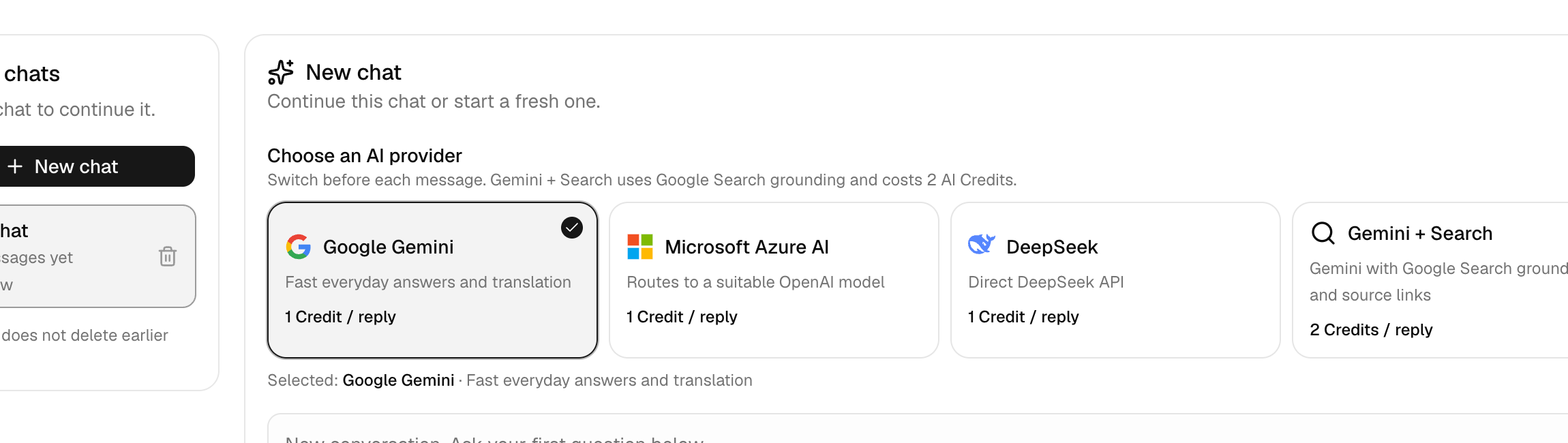 Web AI provider selector showing Google Gemini and Microsoft Azure AI