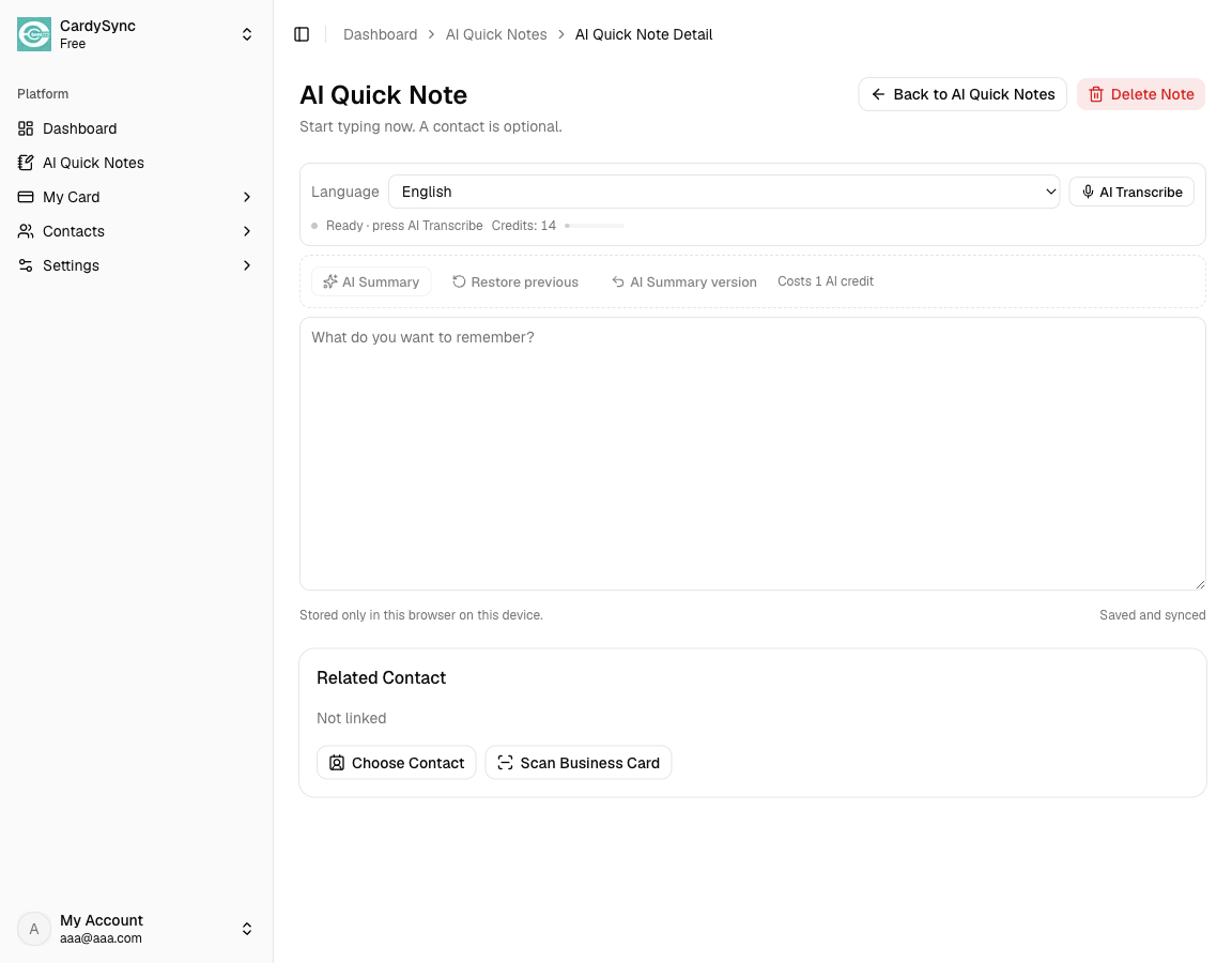 Web note editor with empty content and related contact actions