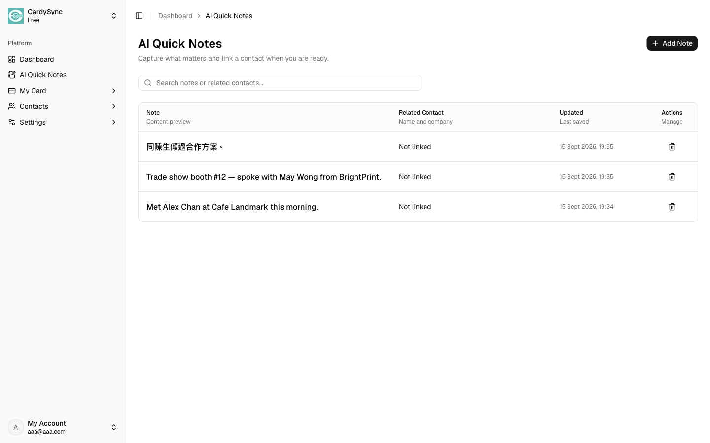 Web dashboard showing AI Quick Notes in the sidebar and the notes list