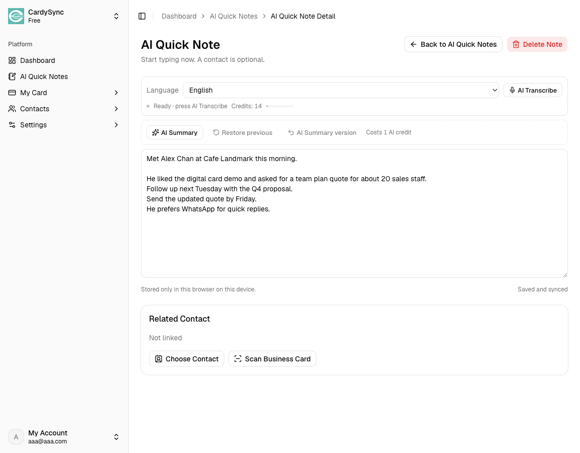 Web note editor with note text and AI Summary button ready