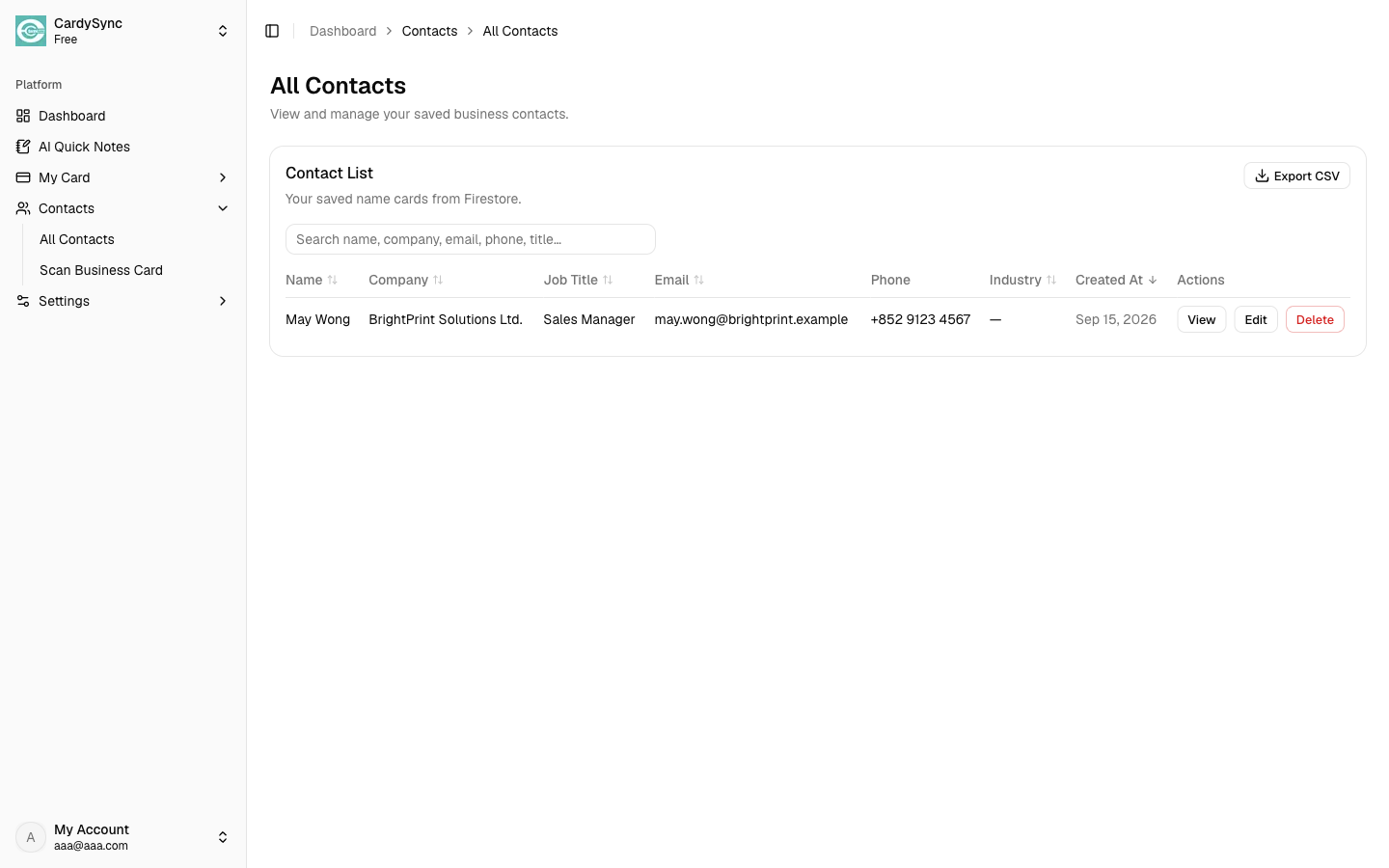 CardySync 網頁版 Contacts,顯示聯絡人列表、搜尋欄及 Export CSV 按鈕
