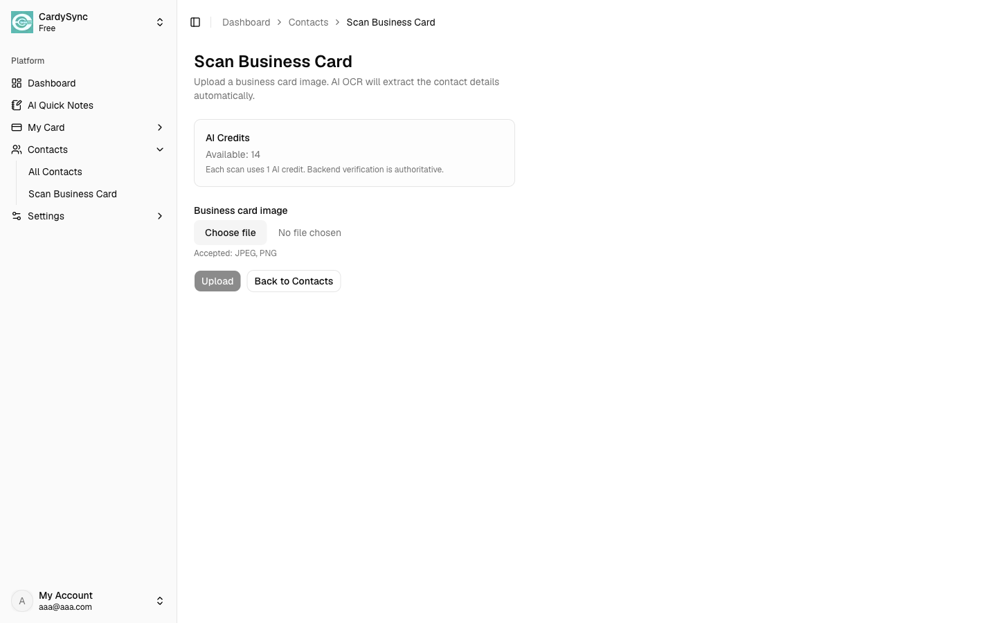 Web Scan page showing available AI credits