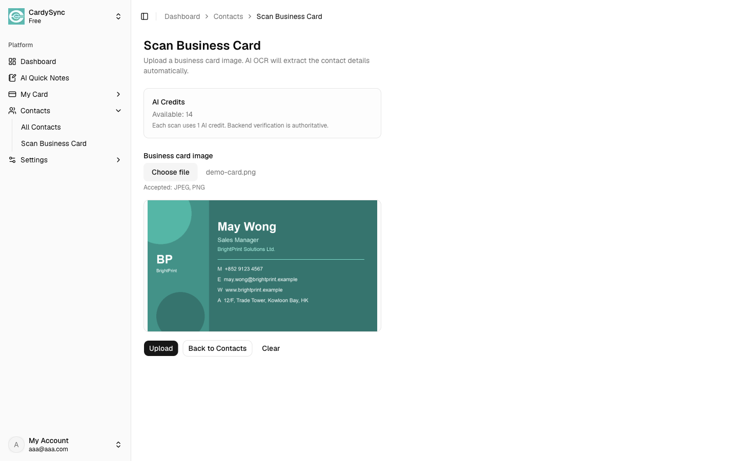 Web Scan page previewing a selected business card image