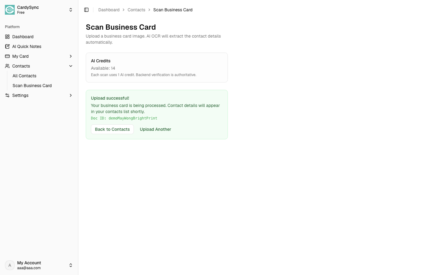 Web Scan page after successful upload while OCR processes