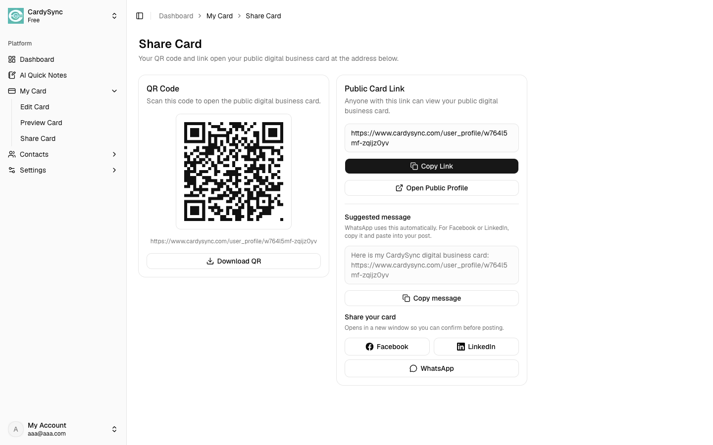Web Share Card page with QR code, public link, and sidebar My Card menu